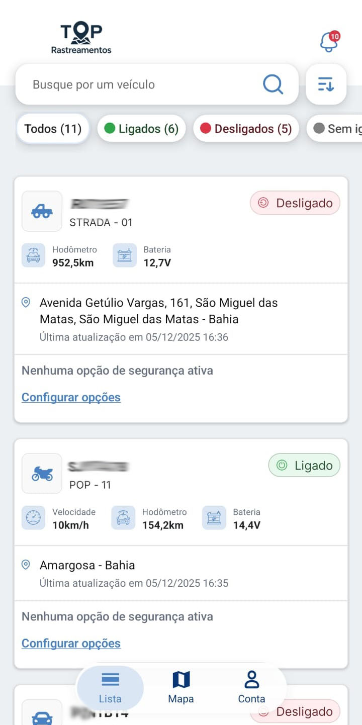 Tela do aplicativo Top Rastreamentos